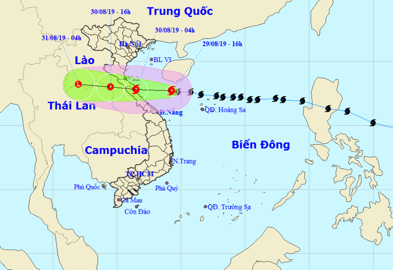 Đường đi của bão số 4 cập nhật lúc 16h ngày 29/8. Ảnh: Đài Khí tượng Thủy văn Bắc Trung bộ