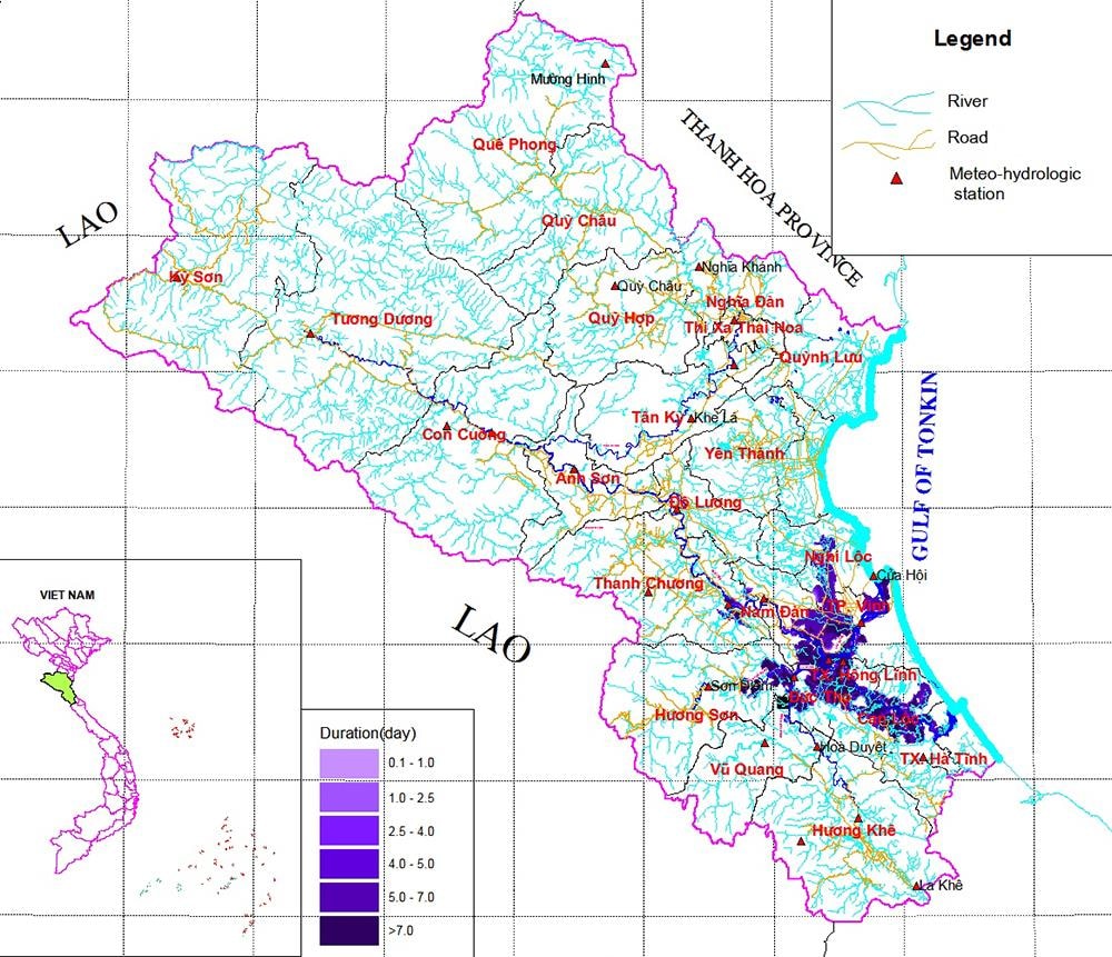 Bản đồ thời gian ngập lụt  trên  lưu vực sông Lam (trận lũ tháng X/2010) do trường đại học khoa học tự nhiên mô phỏng. Ảnh