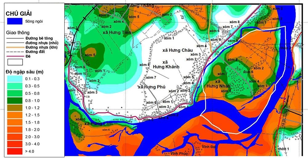 Bản đồ độ sâu ngập lụt tại khu vực xã Hưng Nhân năm 2010 được trường đại học khoa học tự nhiên phân tích