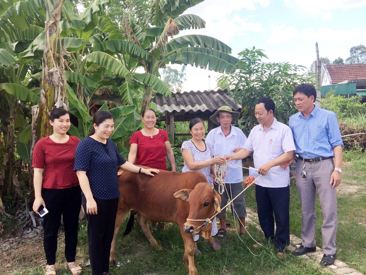Trao bò sinh sản cho hộ nghèo. Ảnh: Thanh Lê