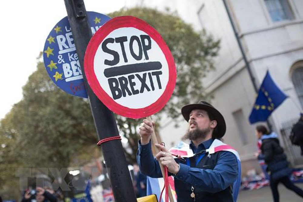 Người dân tuần hành phản đối Brexit bên ngoài tòa nhà Quốc hội ở London, Anh, ngày 11/3/2019. Ảnh: THX/TTXVN