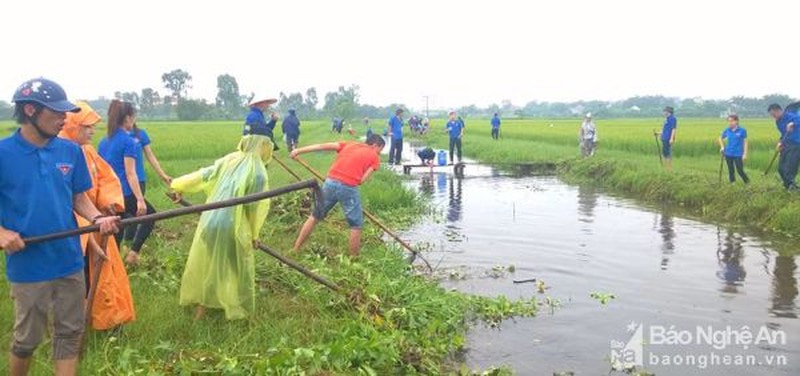 Đoàn thanh niên xã Diễn Kỷ nạo vét kênh mương trước khi bước vào sản xuất vụ xuân. Ảnh: Tư liệu