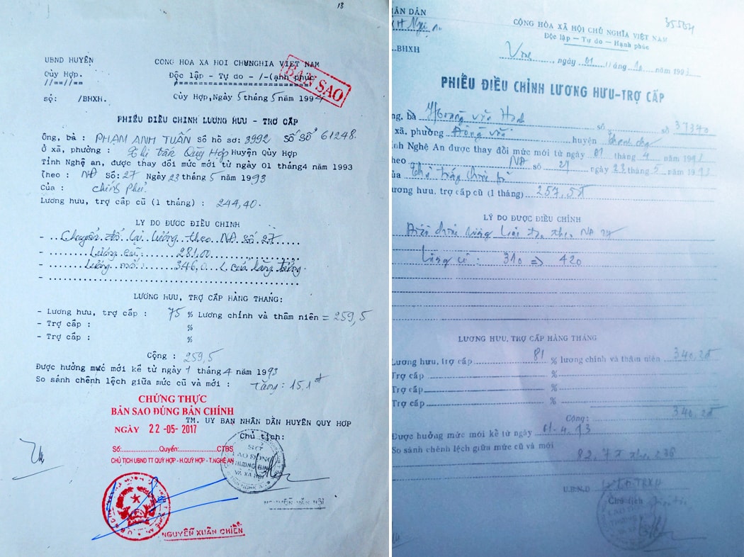 Phiếu điều chỉnh lương hưu - trợ cấp năm 1994 của cụ Phạm Anh Tuấn (trái) và phiếu điều chỉnh lương hưu - trợ cấp năm 1993 của cụ Hoàng Văn Hạnh.
