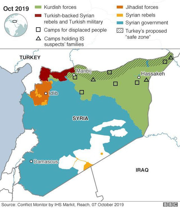 Bản đồ thể hiện tình hình Syria, trong đó phần gạch chéo là vùng đệm an toàn Thổ Nhĩ Kỳ muốn YPG rút khỏi