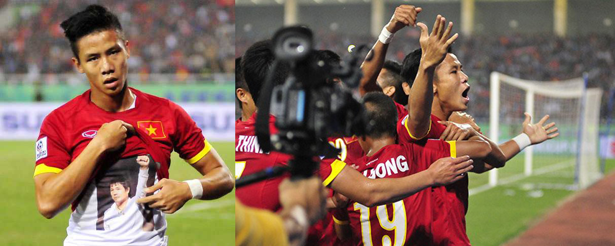 Hình ảnh cảm động của Quế Ngọc Hải về HLV Hữu Thắng sau bàn thắng vào lưới Indonesia tại AFF Cup 2014. Ảnh: ST