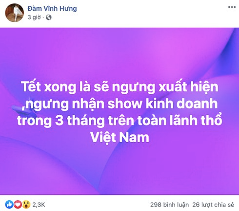 Đàm Vĩnh Hưng thông báo ngừng xuất hiện trên toàn lãnh thổ Việt Nam từ sau Tết 2020.