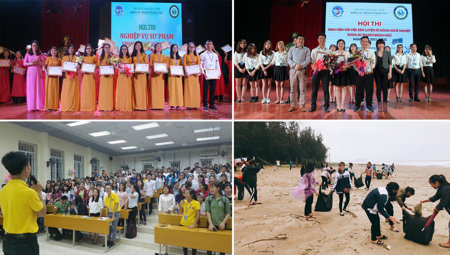 Ảnh trái sang, trên xuống: Hội thi Nghiệp vụ sư phạm; Hội thi Sinh viên với việc rèn luyện kỹ năng nghề nghiệp; Câu lạc bộ dạy tiếng Anh; Sinh viên Khoa Sư phạm Ngoại ngữ tham gia bảo vệ môi trường.