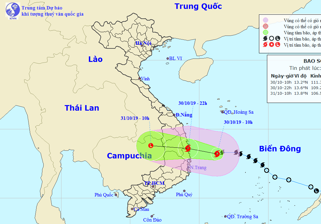 Đường đi của bão số 5 lúc 11h30 phút ngày 30/10/2019. Ảnh: Đài Khí tượng Thủy văn Bắc Trung Bộ