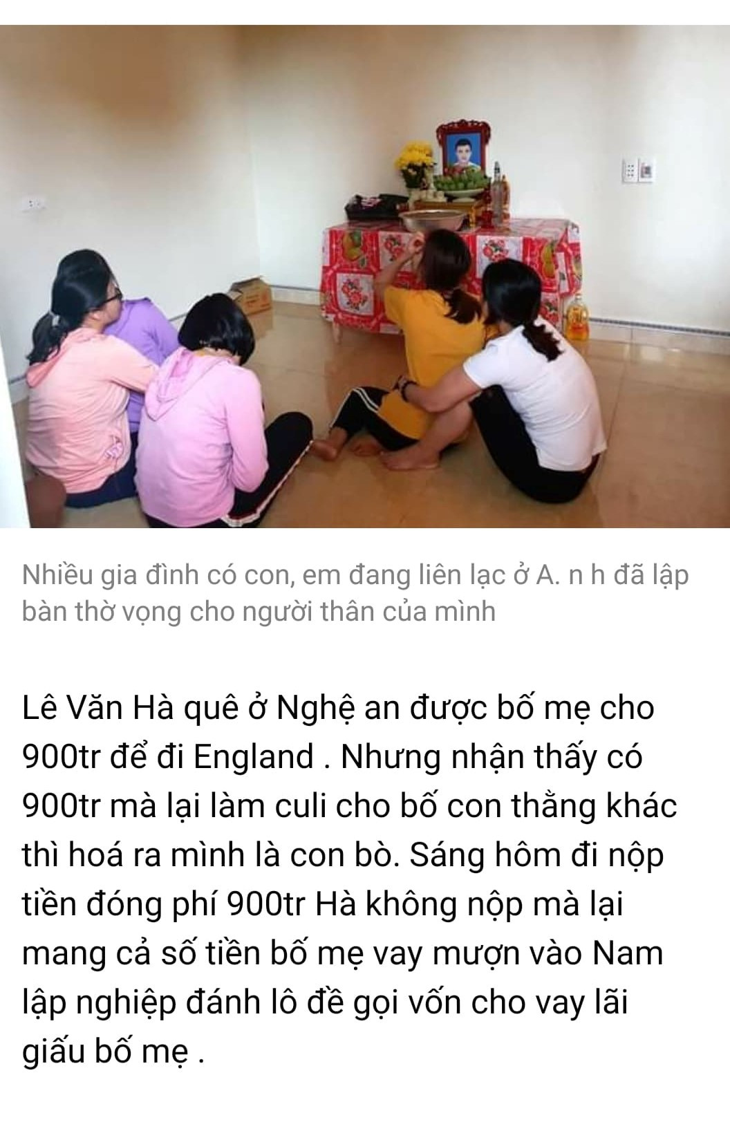 Thông tin trong trang thông tin điện tử này nói rằng, trường hợp này là anh Lê Văn Hà, nhưng hình ảnh lại là bàn thờ ở gia đình anh Nguyễn Đình Tứ mà phóng viên Báo Nghệ An chụp.