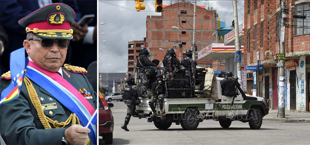 Người đứng đầu lực lượng vũ trang Bolivia Williams Kaliman (ảnh trái) đã kêu gọi ông Morales từ chức. Ảnh: AFP