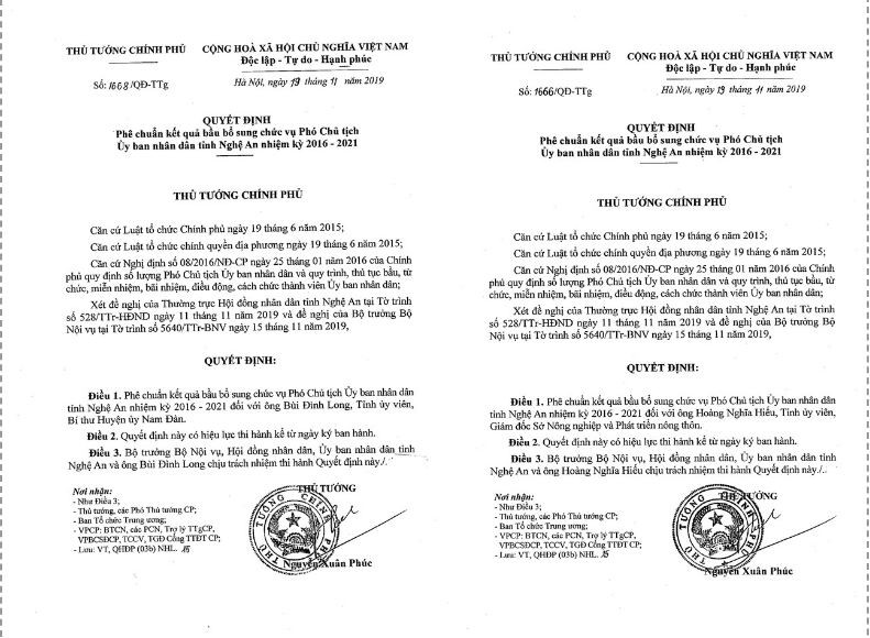 Quyết định phê chuẩn kết quả bầu bổ sung Phó Chủ tịch UBND tỉnh Nghệ An