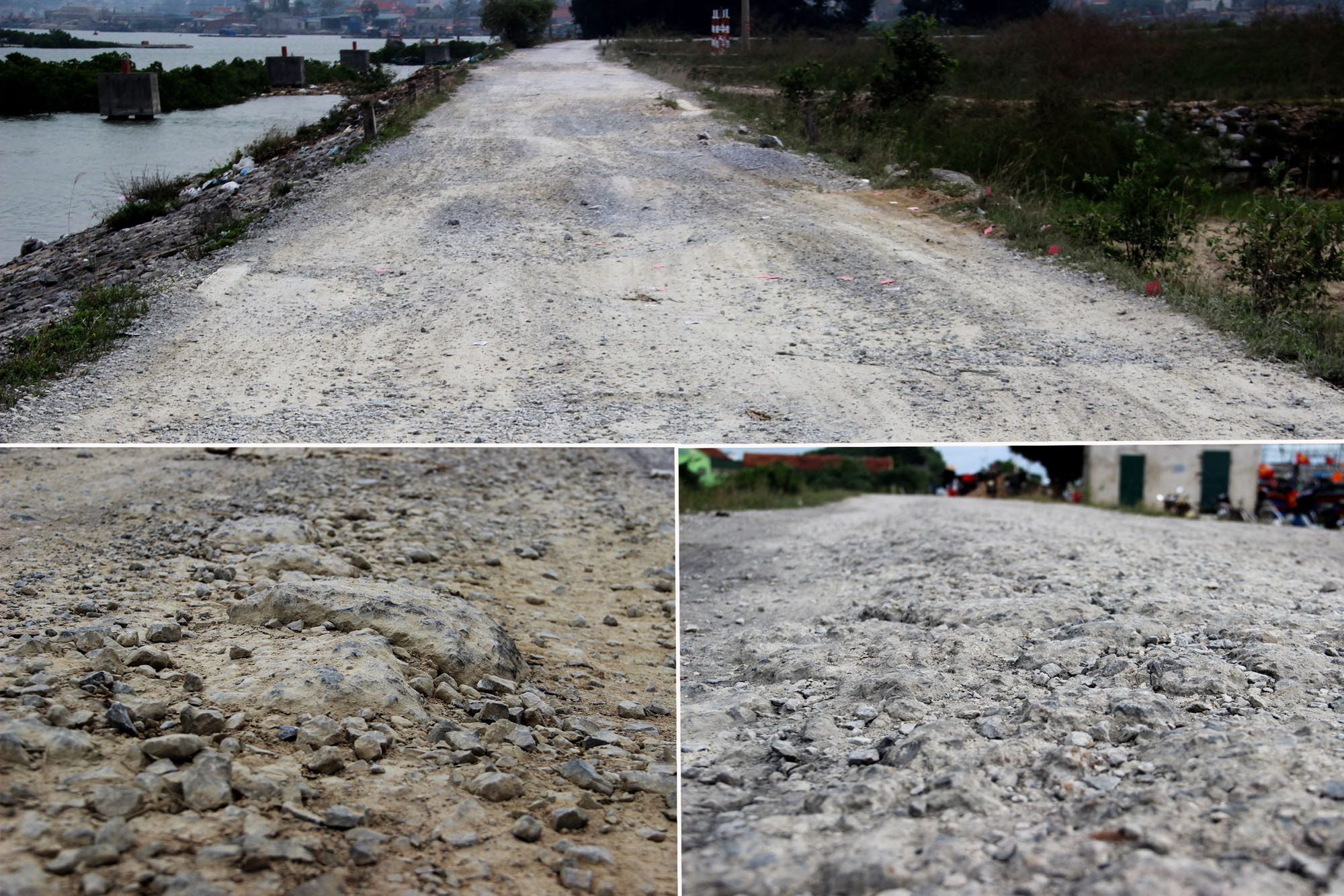 Tuyến đê ngăn mặn tại Hoàng Mai bị xuống cấp nghiêm trọng, mặt đường xói lở, ghồ ghề. Ảnh: P.V