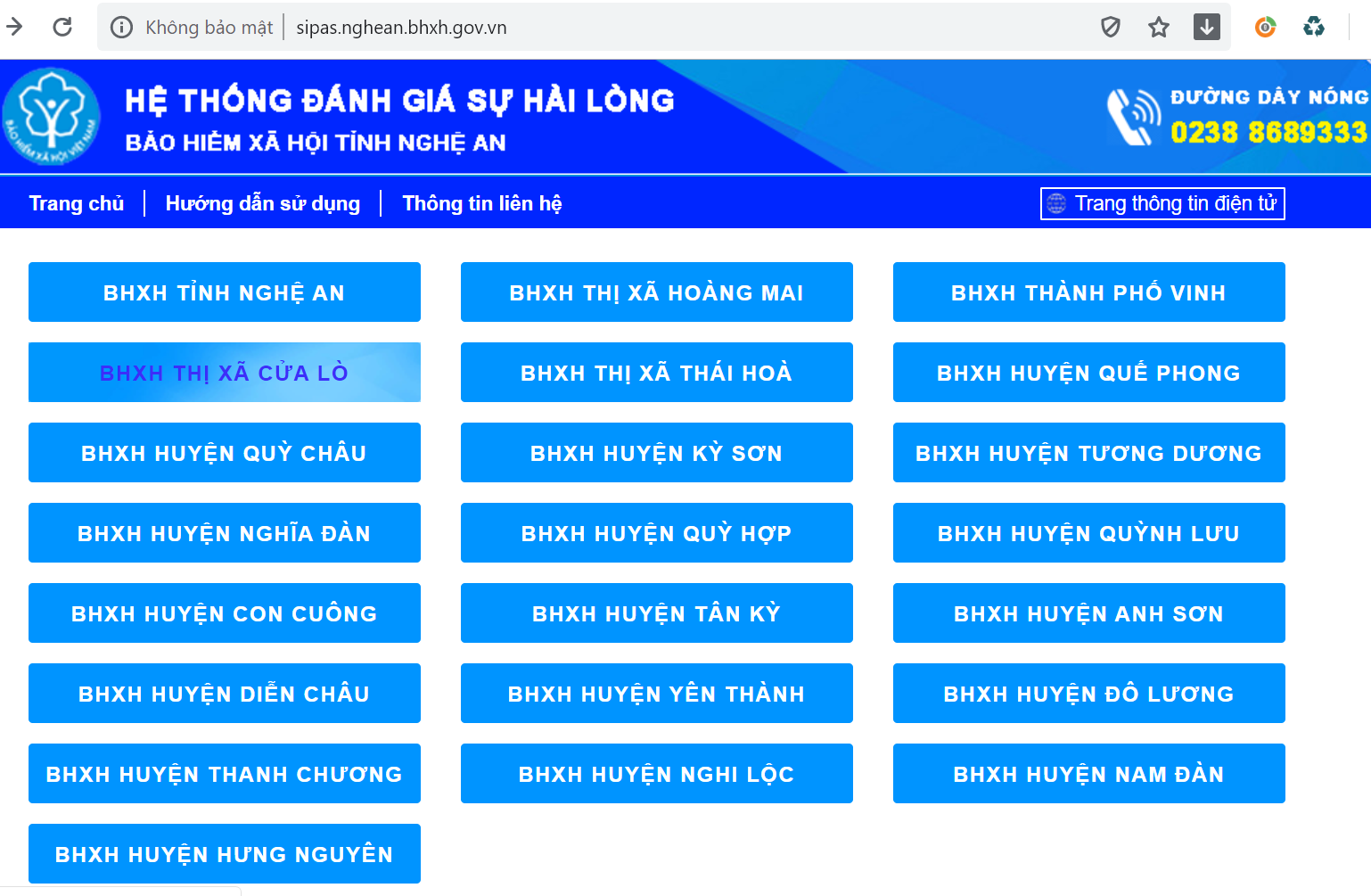 Giao diện Hệ thống đánh giá sự hài lòng của BHXH tỉnh Nghệ An (1)