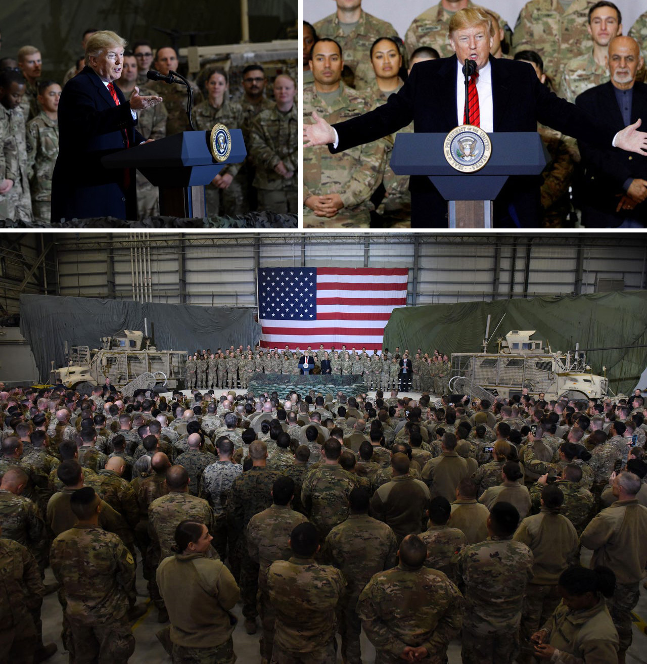 Tổng thống Mỹ Donald Trump phát biểu trước binh lính trong chuyến thăm bất ngờ dịp Lễ Tạ ơn ở căn cứ Bagram hôm 28/11 tại Afghanistan. Ảnh AFP/Reuters/Getty Images