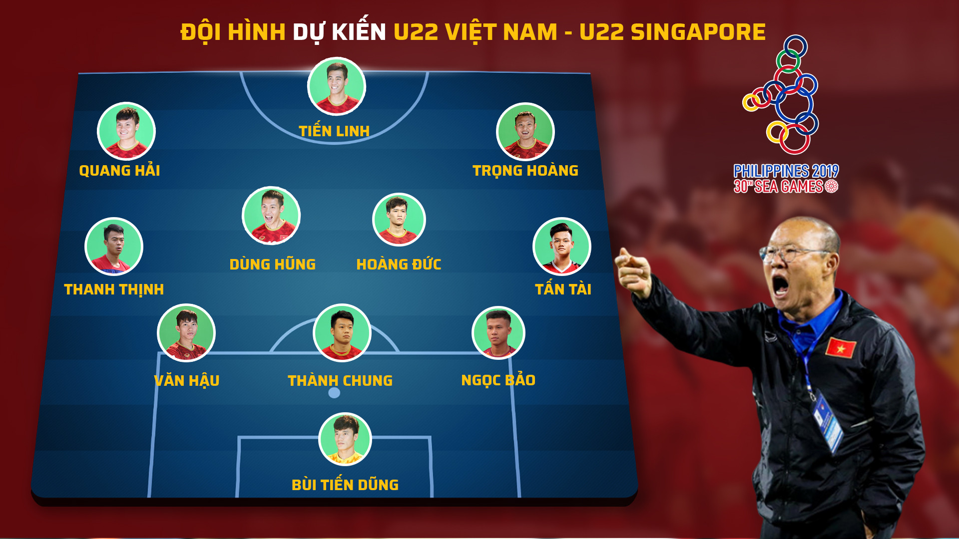 Đội hình dự kiến U22 Việt Nam gặp Singapore. Đồ họa: TK