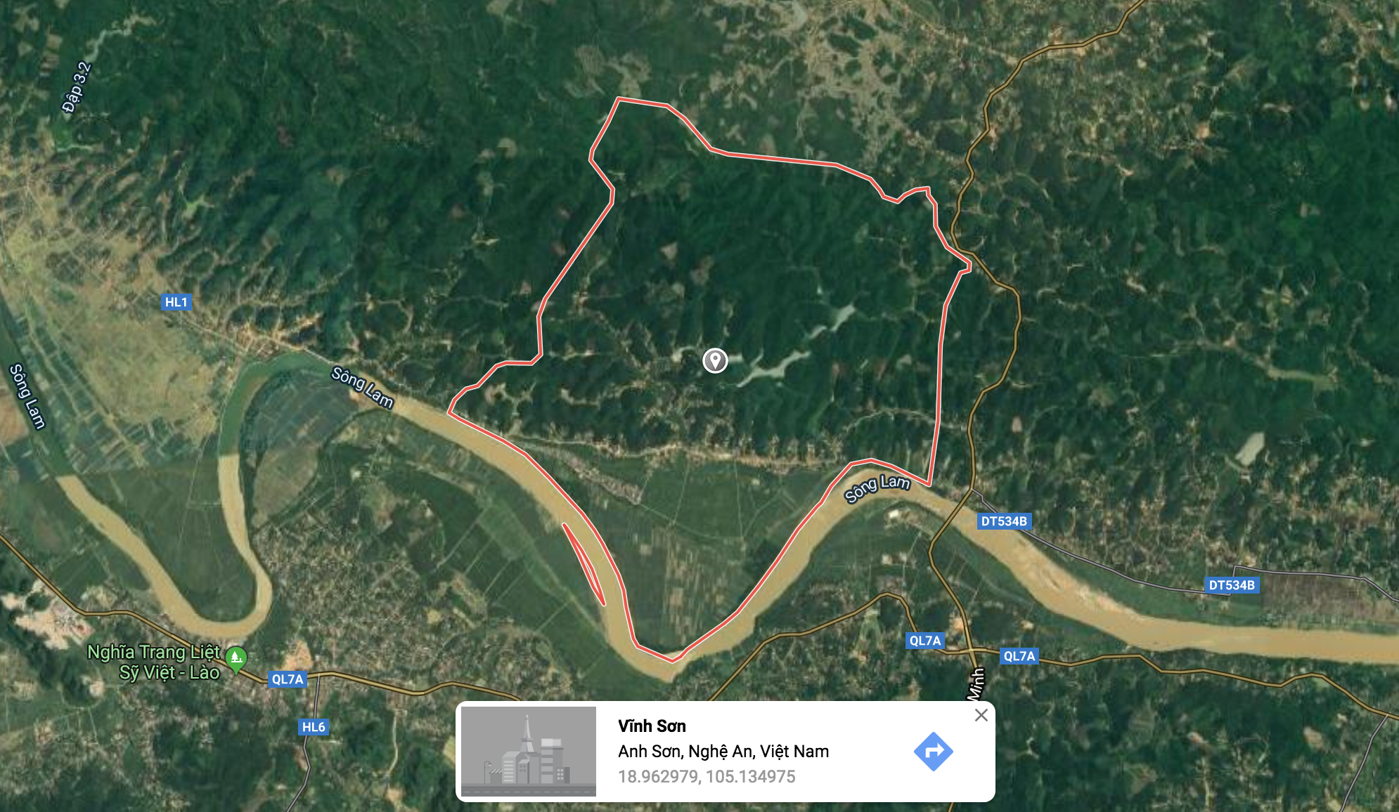 Xã Vĩnh Sơn nằm cách trung tâm huyện Anh Sơn 7 km, nằm bên tả ngạn Sông Lam. Ảnh Google map 