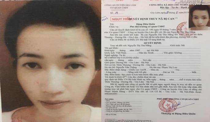  Nguyễn Thị Thu Hằng bị cơ quan chức năng phát lệnh truy nã.