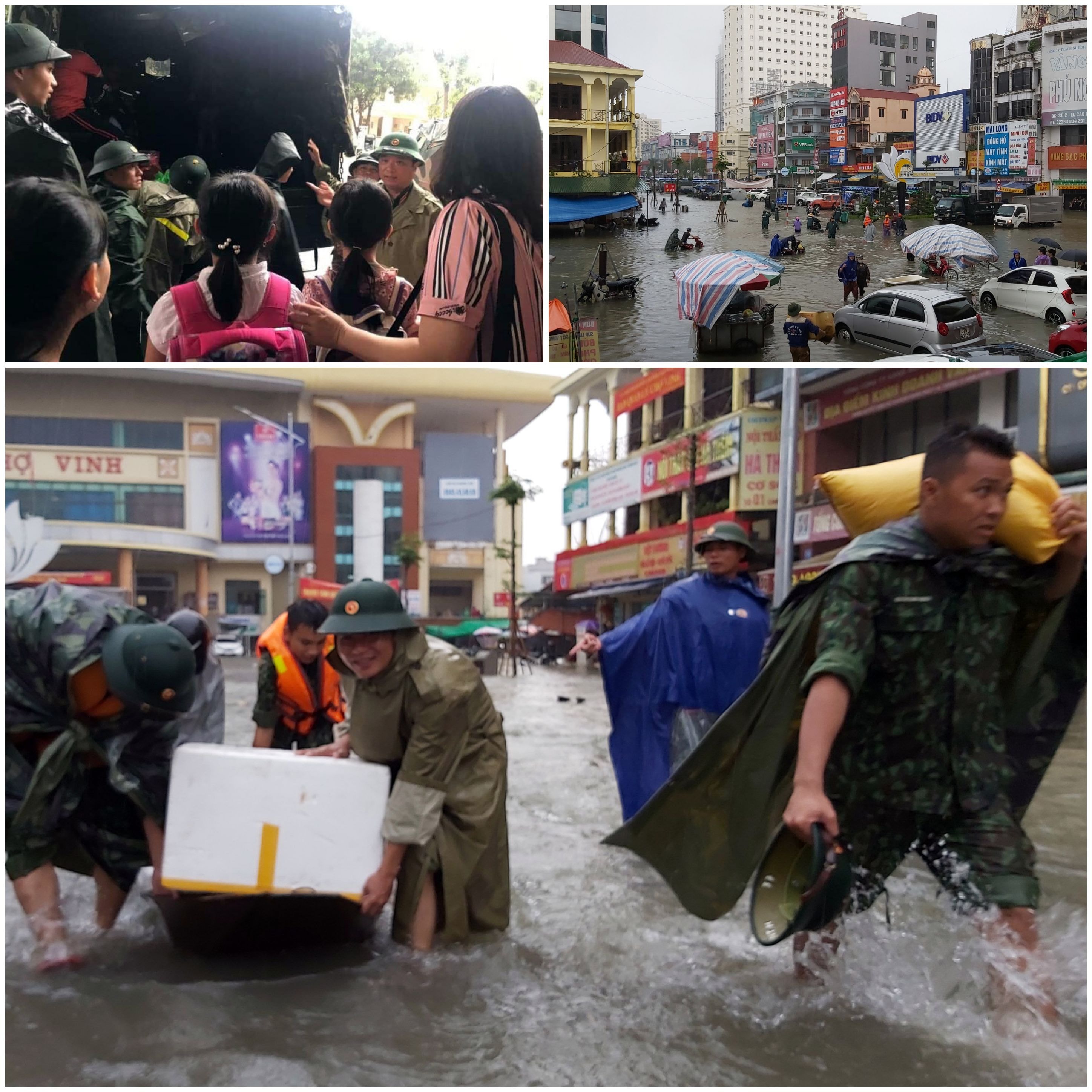 Tháng 10/2019, mưa lớn gây ngập lụt khắp thành phố Vinh. Hàng nghìn cán bộ, chiến sĩ Bộ CHQS tỉnh đã có mặt để ứng cứu tài sản cho người dân. Ảnh: Trọng Kiên