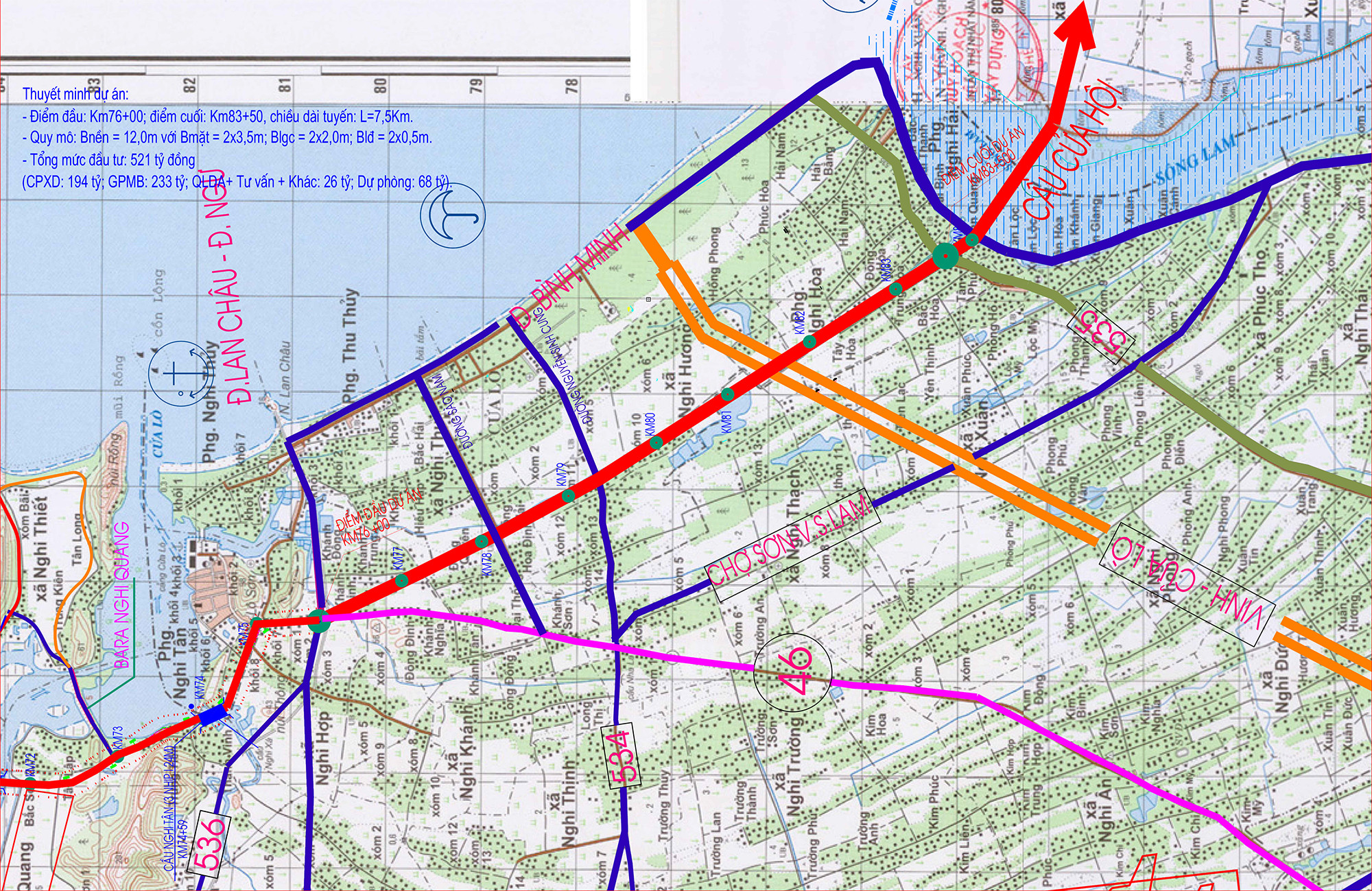 Hướng tuyến dự án đường ven biển đoạn tw điểm giao QL 46 đến tỉnh lộ 535 (KM76+00-KM83+500). Ảnh: Thu Huyền