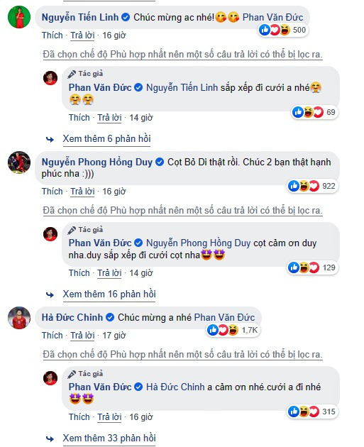 Trong phần bình luận, nhiều cầu thủ của đội tuyển bóng đá Việt Nam như Tiến Linh, Hà Đức Chinh, Hoàng Đức, Quế Ngọc Hải,…và người hâm mộ đã gửi lời chúc mừng hạnh phúc đến cặp đôi. 