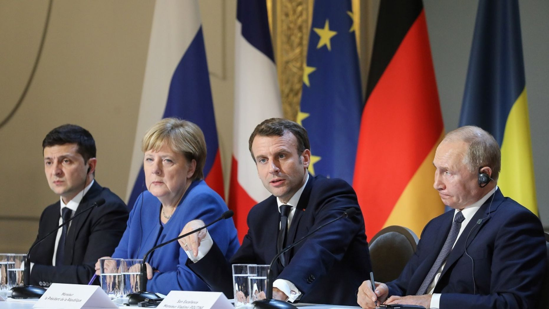 Hội nghị thượng đỉnh nhóm Bộ tứ Normandy gồm các nhà lãnh đạo Đức, Pháp, Nga, Ukraine họp tại Paris, Pháp hôm 9/12/2019 thống nhất nhiều nội dung về cuộc khủng hoảng miền Đông Ukraine.  Ảnh: AP
