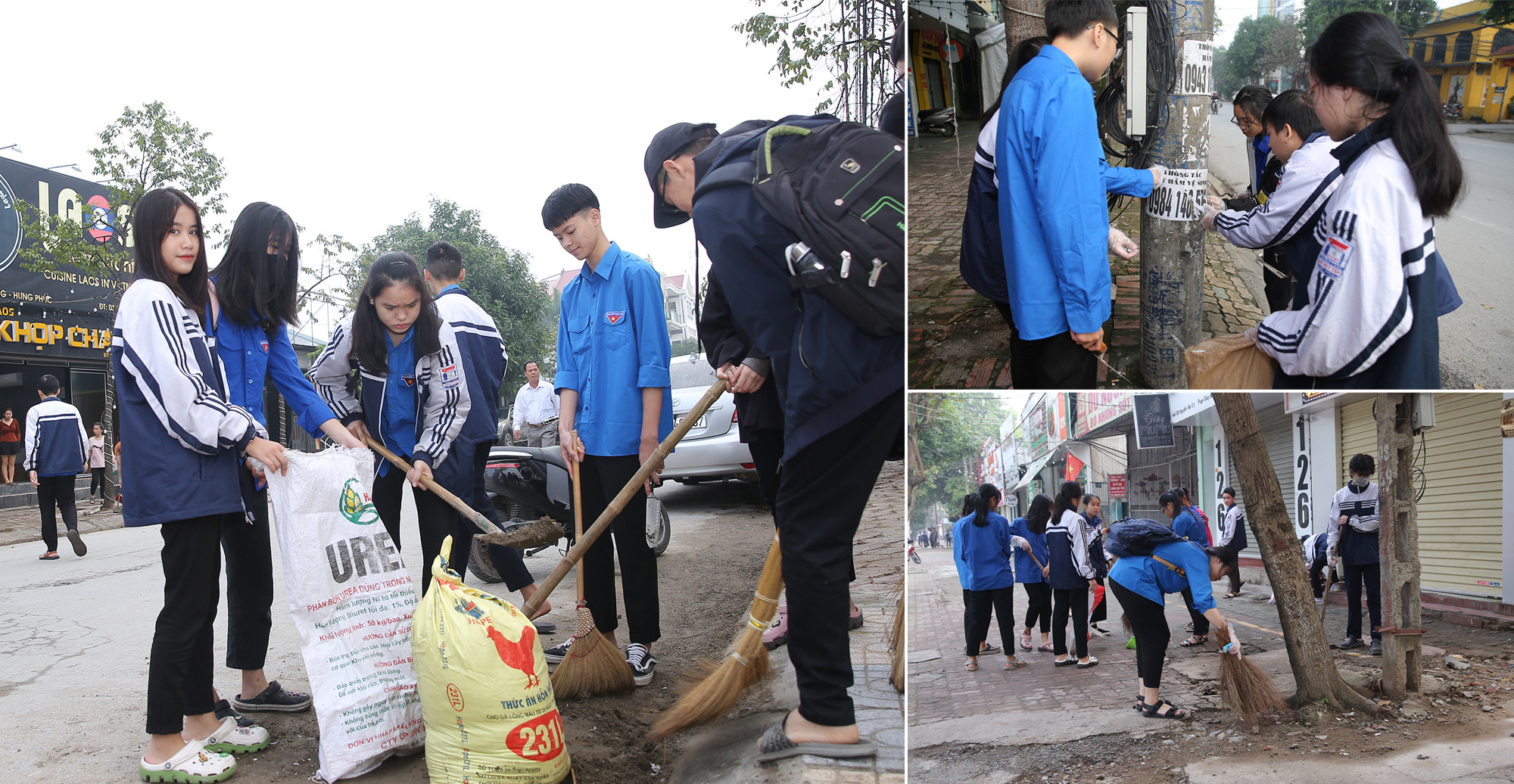 Các em học sinh thu dọn rác thải trên vỉa hè các tuyến đường Nguyễn Văn Cừ, Kim Đồng.