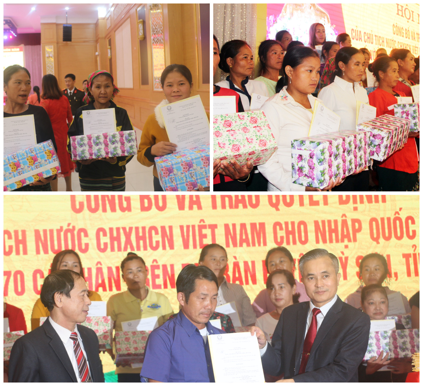 Lãnh đạo tỉnh Nghệ An trao quyết định công nhận Quốc tịch Việt Nam cho các công dân Lào. Ảnh: K.L