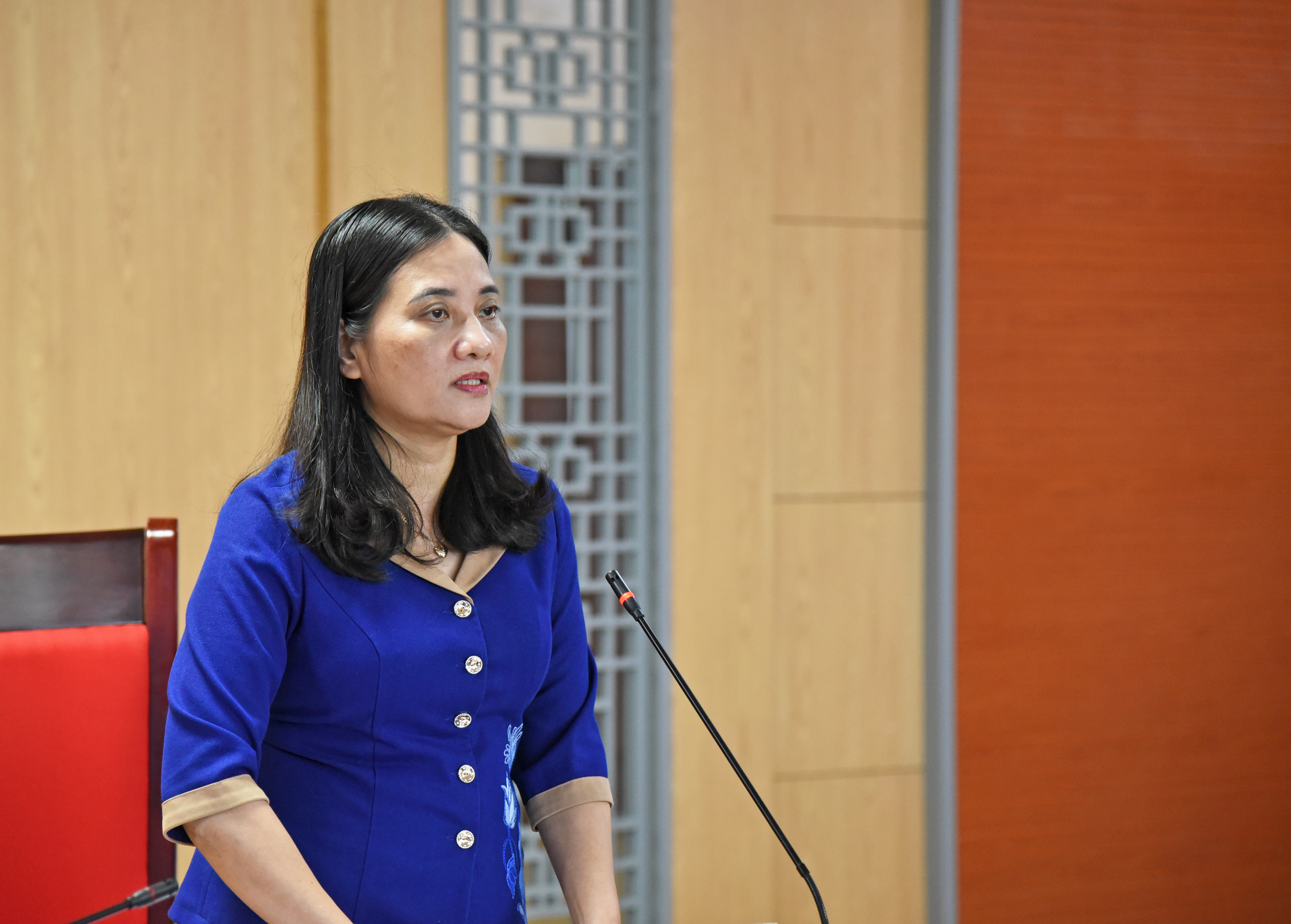 Phó Chủ tịch HĐND tỉnh Cao Thị Hiền phát biểu tại phiên họp. Ảnh: Thu Giang