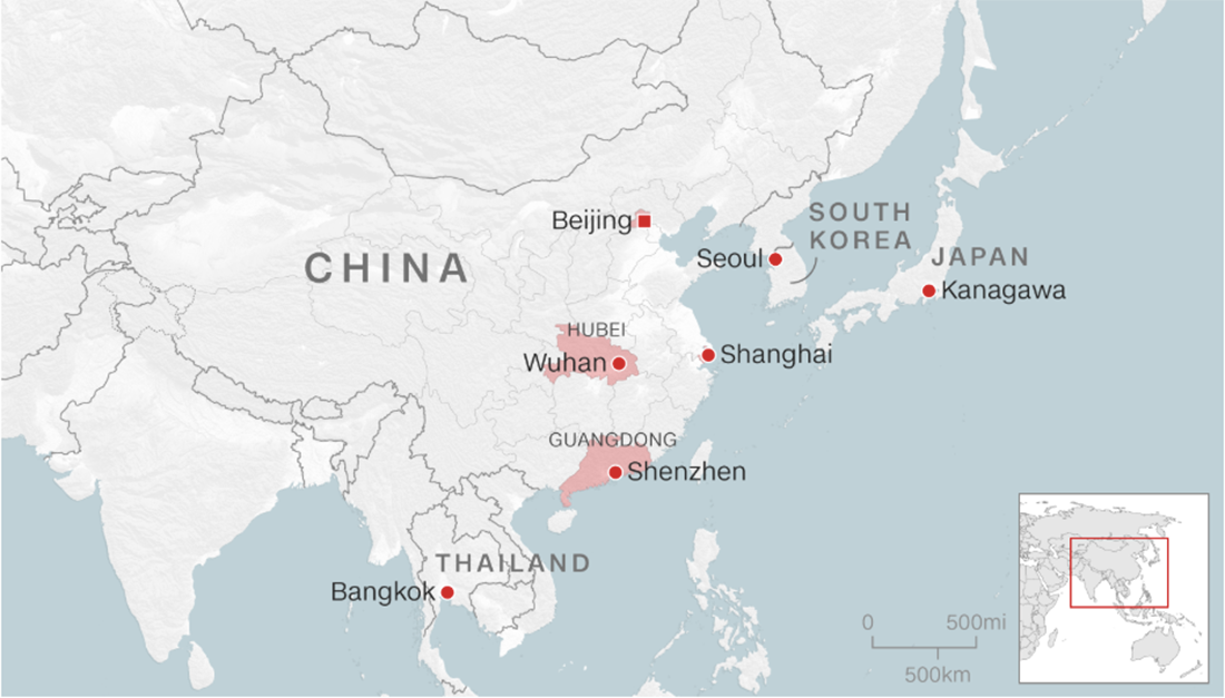Các địa điểm xác nhận có ca nhiễm loại coronavirus được phát hiện ở Vũ Hán. Ảnh CNN
