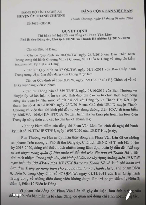 Quyết định số 3686-QĐ/HU của Huyện ủy Thanh Chương thi hành kỷ luật đối với ông Phan Văn Lân. Ảnh: Nhật Lân