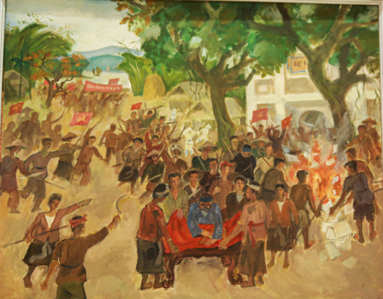 Bức tranh tái hiện lại phong trào đấu tranh của nông dân huyện Nam Đàn, buộc viên Tri phủ Lê Khắc Tưởng ký và đóng dấu vào bản yêu sách của quần chúng.jpg