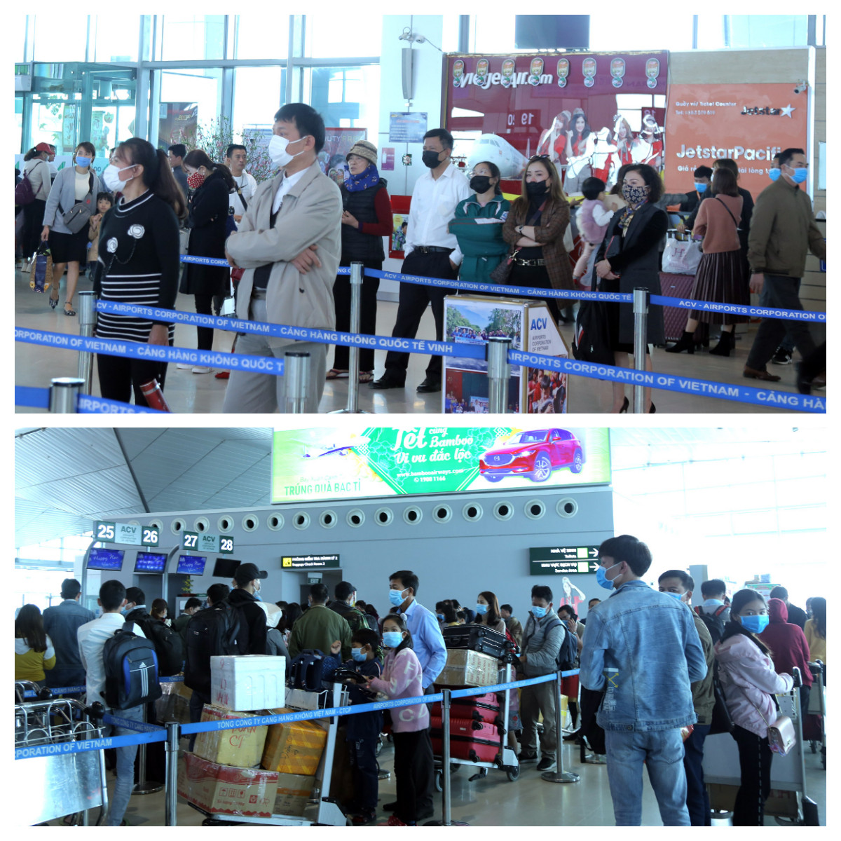 Hnahf khách tại sân bay Vinh trưa ngày 31/1 rất đông và đều được đeo khẩu trang phòng dịch bệnh. Ảnh: Thu Huyền