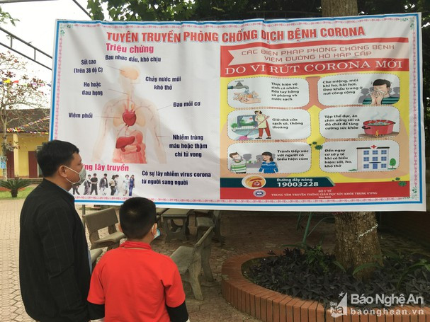 Bảng tuyên truyền về bệnh viêm phổi cấp do virus Corona và cách phòng tránh được treo ở các trường học trên địa bàn huyện Đô Lương. Ảnh tư liệu: Lê Hoàn