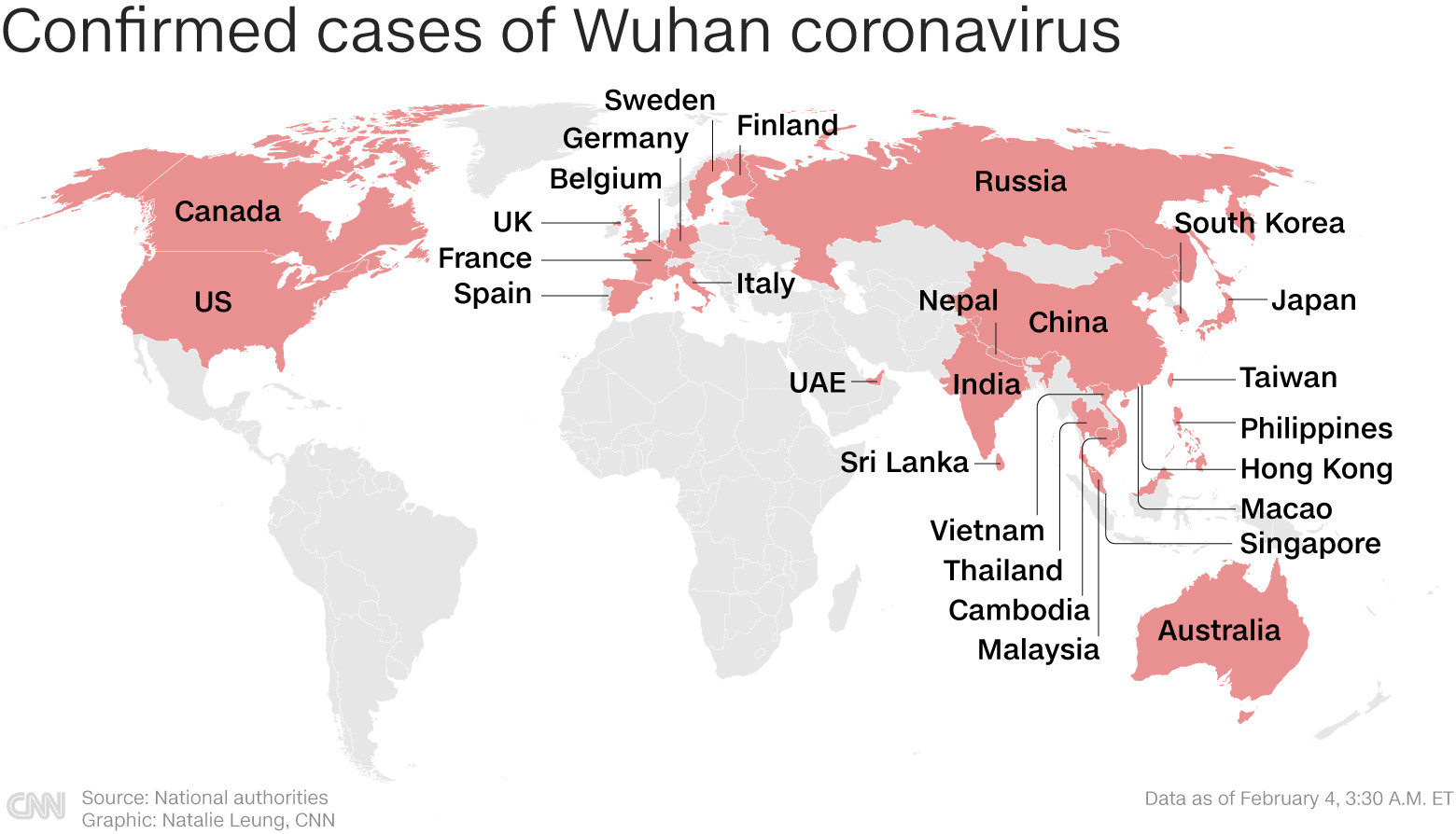 Các ca nhiễm virus Vũ Hán ở các nước trên thế giới. Đồ họa: CNN
