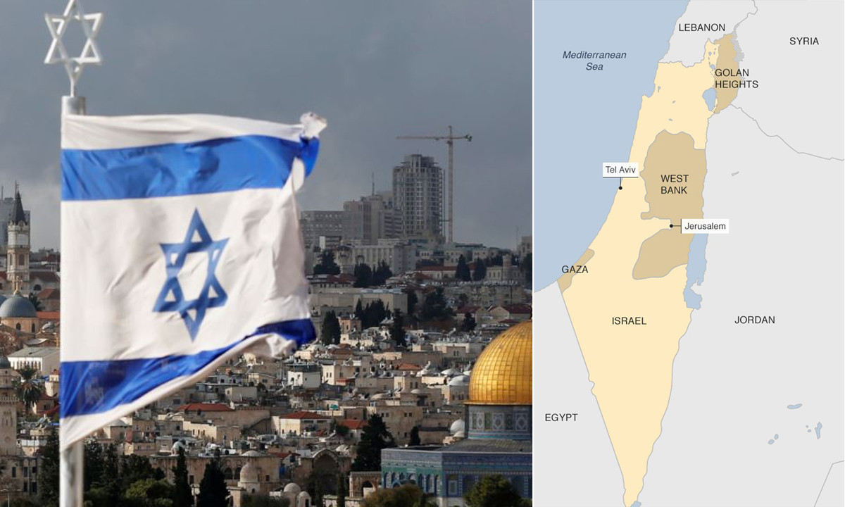 Cờ Israel ở Jerusalem (ảnh phải); Bản đồ Israel hiện nay. Ảnh: Reuters - BBC