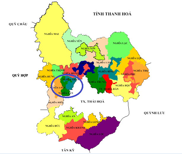 Xã Nghĩa Thành được thành lập trên cơ sở sáp nhập 3 xã: Nghĩa Liên, Nghĩa Tân và Nghĩa Thắng (vùng đánh dấu tròn). Ảnh: Thái Trường 