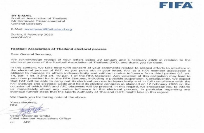Công thư của FIFA nhấn mạnh, nếu vi phạm bầu cử Thái Lan lập tức sẽ bị cấm tham dự các giải đấu quốc tế. Ảnh web FIFA