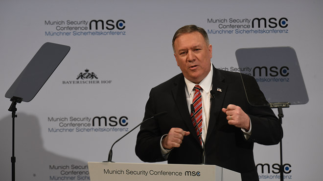 Ngoại trưởng Mỹ Mike Pompeo phát biểu tại Hội nghị An ninh Munich ngày 15/2. Ảnh: AFP