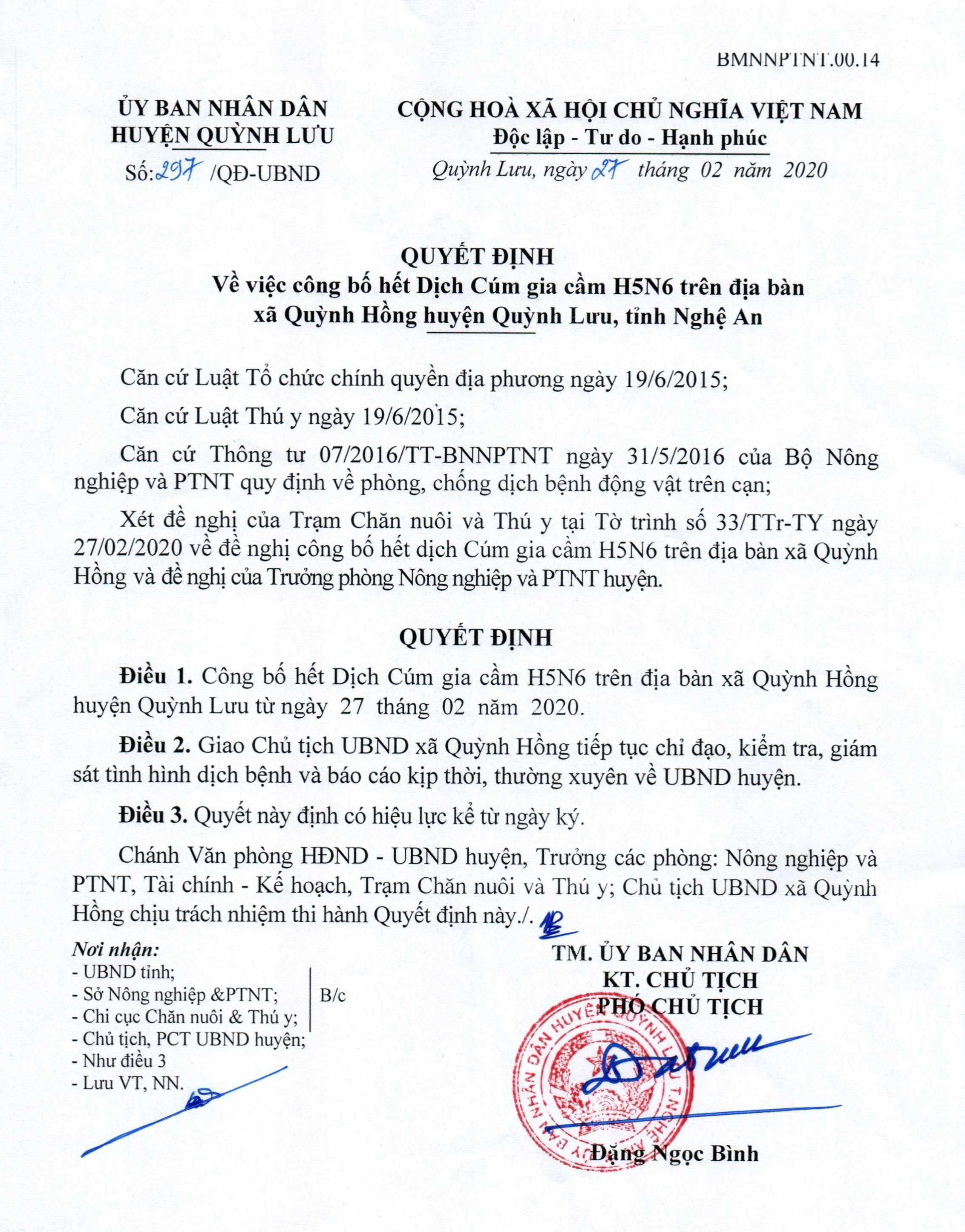 Quyết định công bố hết dịch cúm gia cầm A/H5N6 trên địa bàn xã Quỳnh Hồng của UBND huyện Quỳnh Lưu.