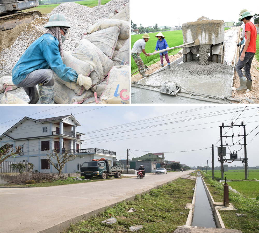 Được nhà nước hỗ trợ xi măng, người daan trên địa bàn Nghệ An hồ hởi đóng góp công sức tiền của làm đường giao thông nông thôn. Ảnh: Xuân Hoàng