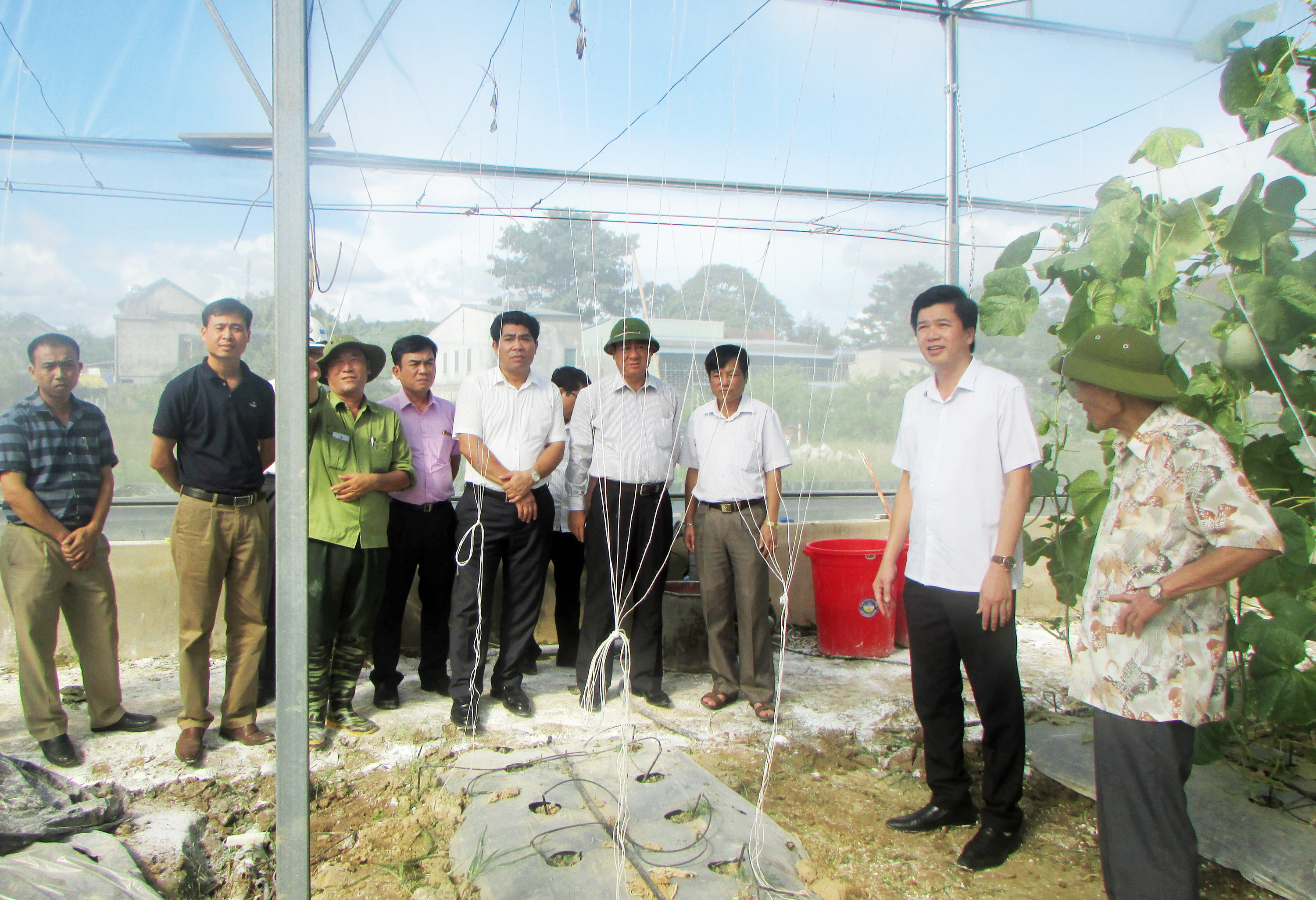 Lãnh đạo huyện Con Cuông thăm mô hình trồng dưa chất lượng cao tại xã Chi Khê. Ảnh: Bá Hậu