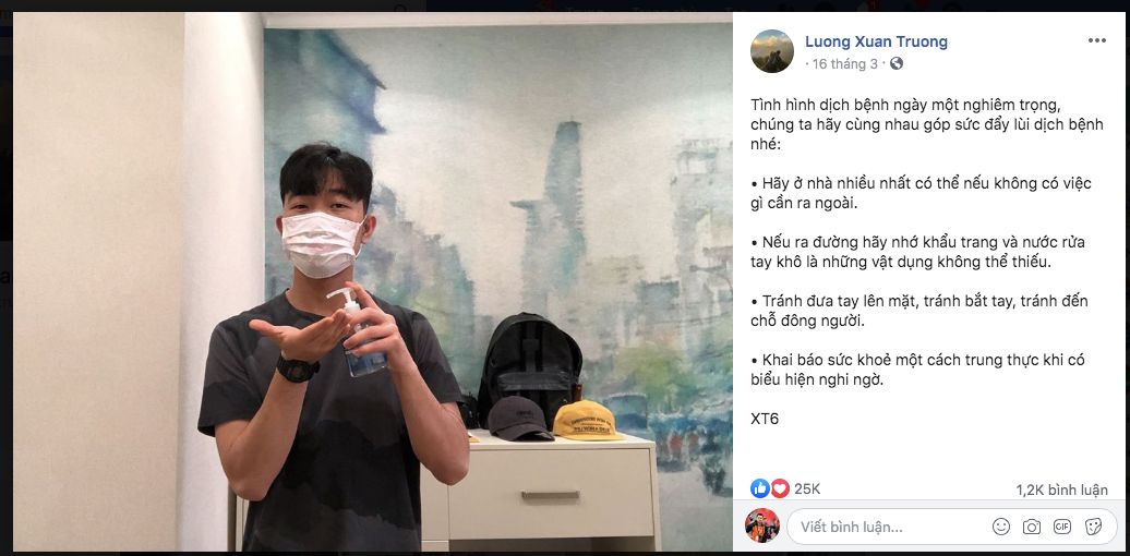 Tiền vệ Lương Xuân Trường vừa trở về Việt Nam sau thời gian điều trị chấn thương, anh kêu gọi mọi người chung tay đẩy lùi dịch Covid-19. Ảnh: FBNV