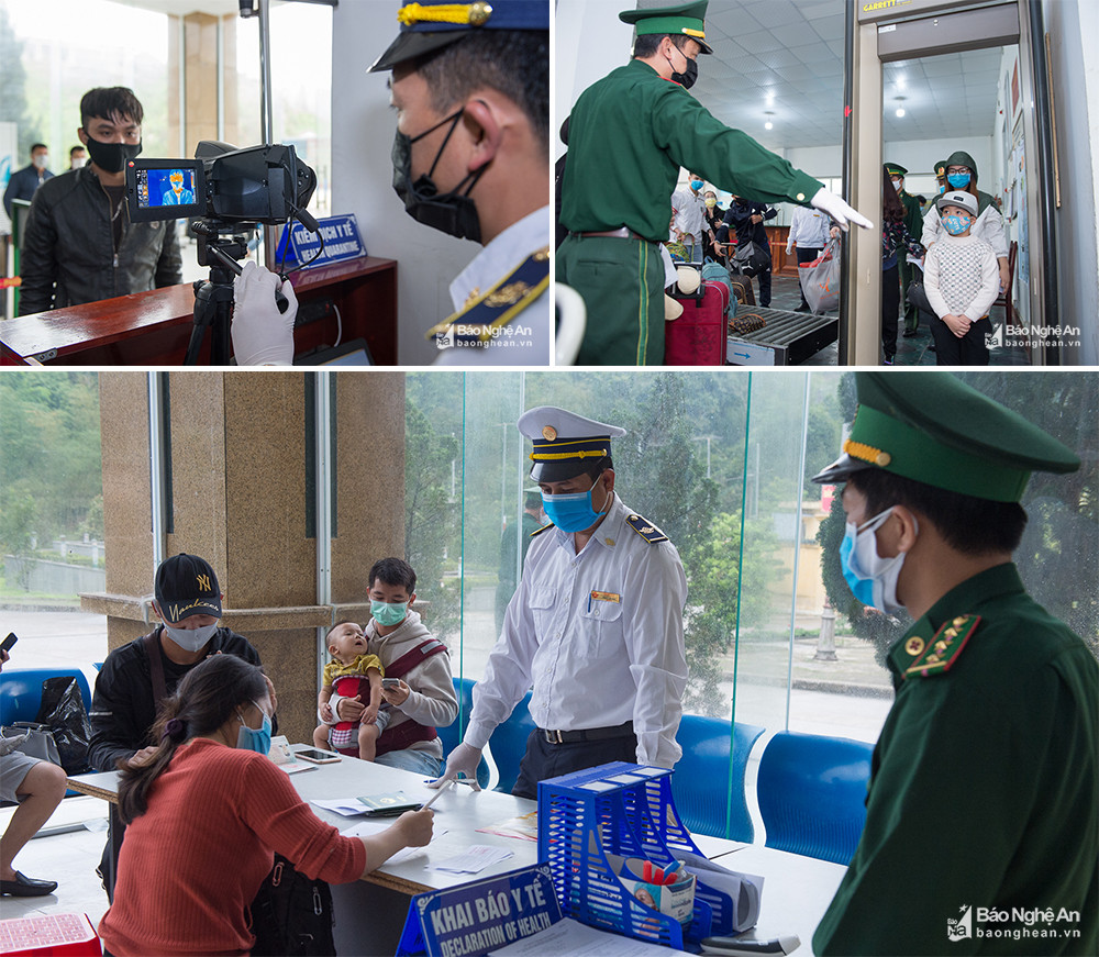 Kiểm tra, đo thân nhiệt và kê khai y tế hành khách tại cửa khẩu biên giới Việt - Lào. Ảnh: Thành Cường