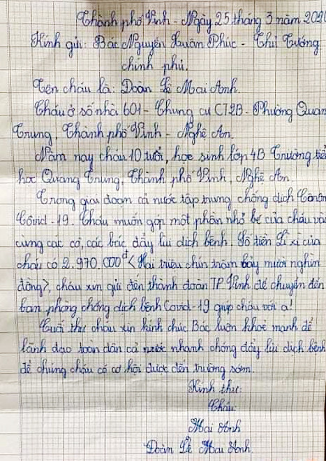 Bức thư của học sinh Đoàn Lê Mai Anh.  Ảnh: PV
