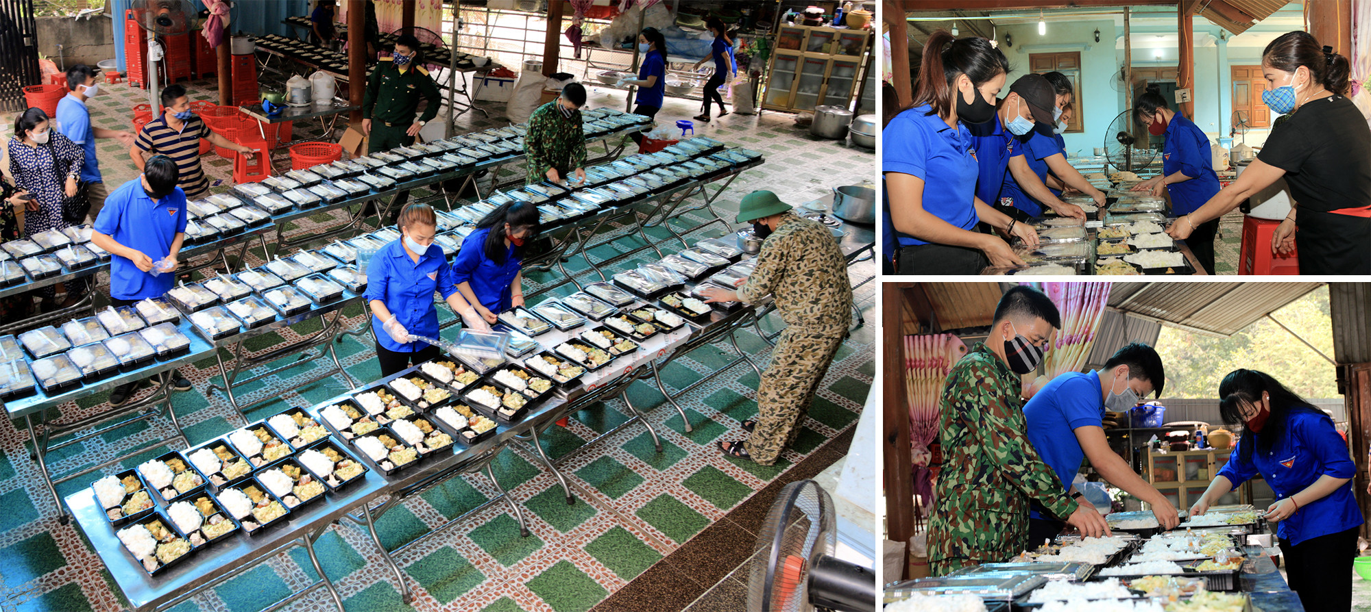 Thanh niên huyện Tương Dương chế biến thực phẩm giúp cán bộ, chiến sỹ làm nhiệm vụ tại khu cách ly tập trung trên địa bàn. Ảnh: Đình Tuân