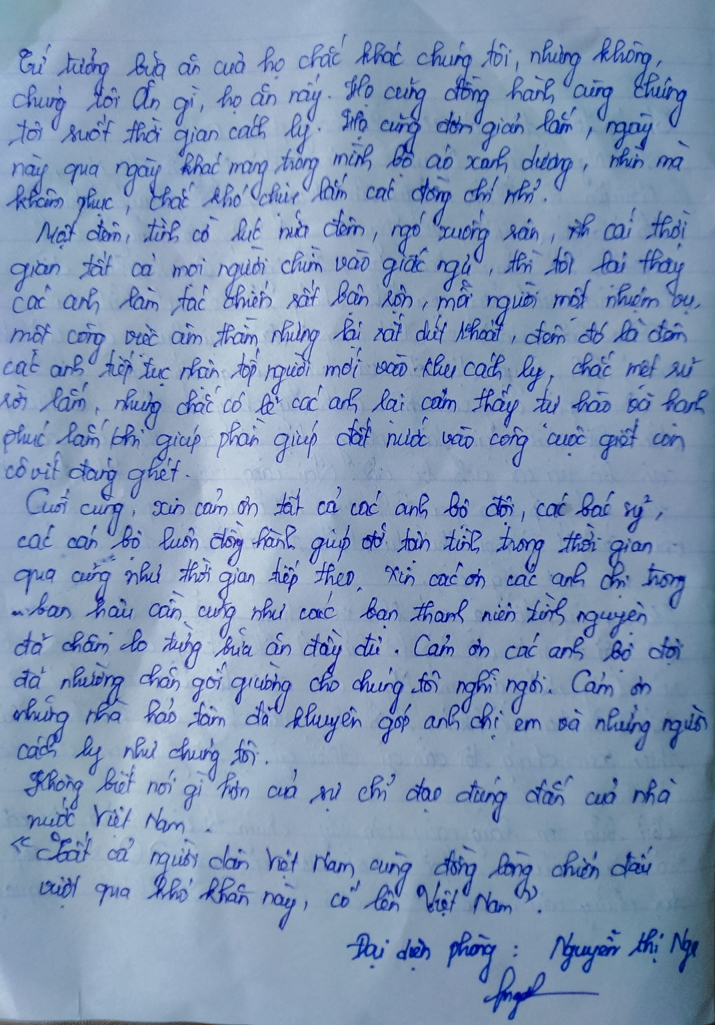 Những dòng thư xúc động của chị Nguyễn Thị Nga cùng 11 thành viên trong gia đình từ Lao trở về Việt Nam và được cách ly tập trung tại Trường TC nghề KT YT.