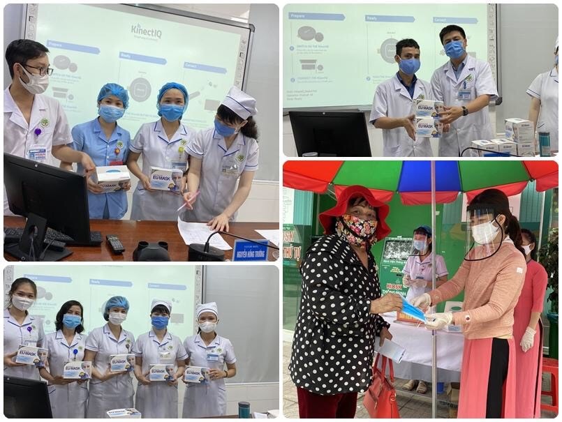 Bệnh viện đa khoa thành phố Vinh triển khai cấp phát khẩu trang cho các phòng ban và người đến bệnh viện ngay sau khi nhận hỗ trợ. Ảnh: PV