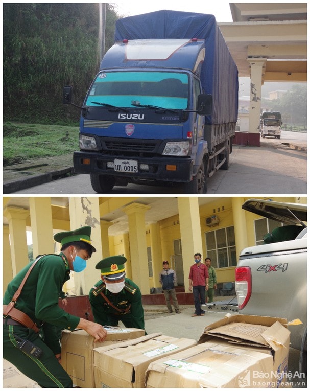 Đồn biên phòng Cửa khẩu Quốc tế Nậm Cắn kiểm tra số hàng khẩu trang trên xe. Ảnh: Hải Thượng