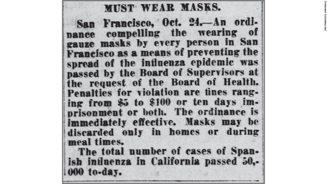 San Francisco ban hành lệnh yêu cầu người dân đeo khẩu trang trong dịch cúm 1918. Ảnh: CNN