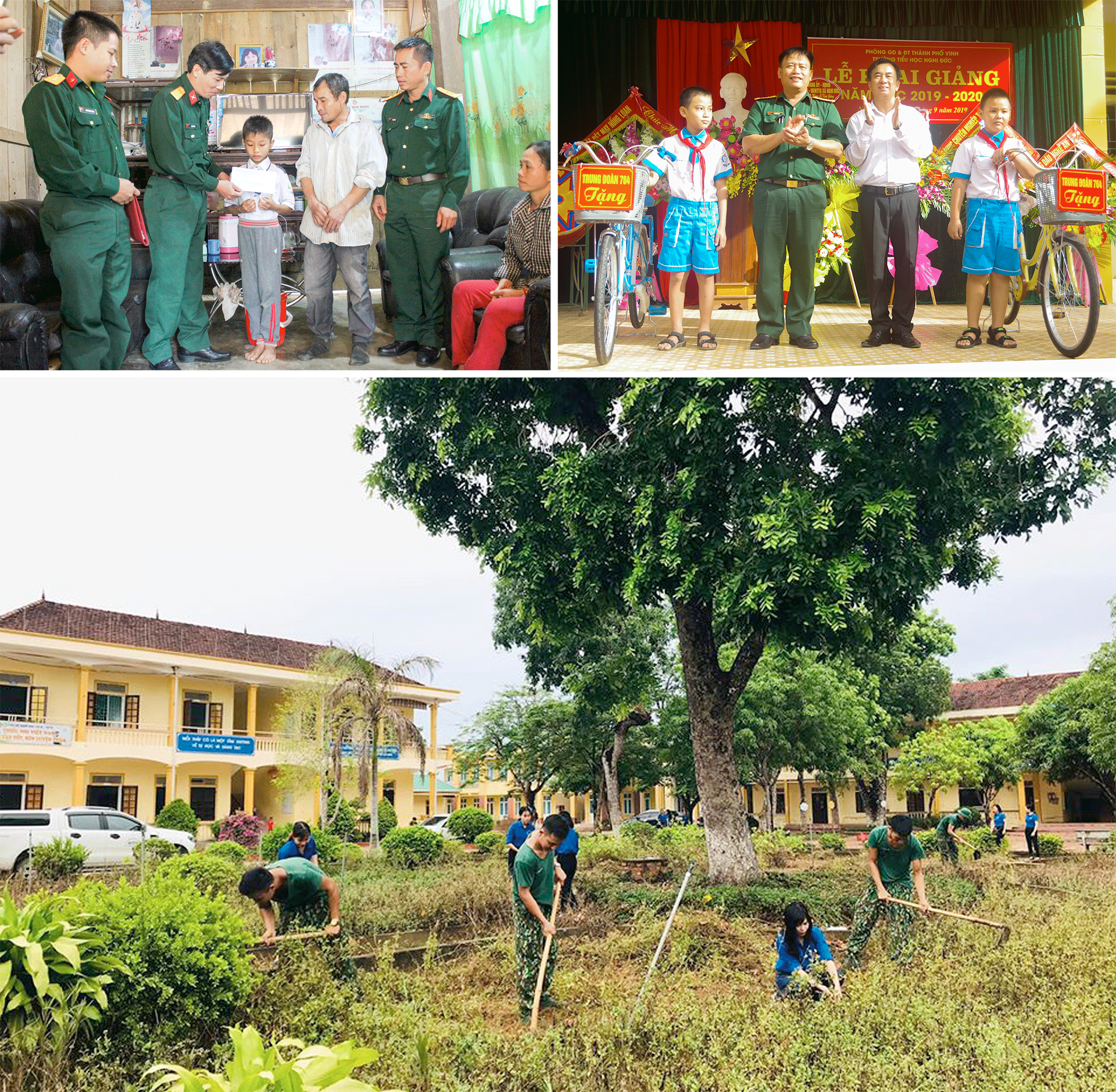 Cán bộ Ban CHQS huyện Quỳ Châu trao quà hỗ trợ học sinh đỡ đầu ở bản Tà Lành, xã Châu Hạnh; Cán bộ Trung đoàn 764 tặng xe đạp cho học sinh Trường Tiểu học Nghi Đức; Cán bộ chiến sỹ Trung đoàn 764 giúp trường Tiểu học Nghi Đức chỉnh trang khuôn viên. Ảnh: Hoài Thu